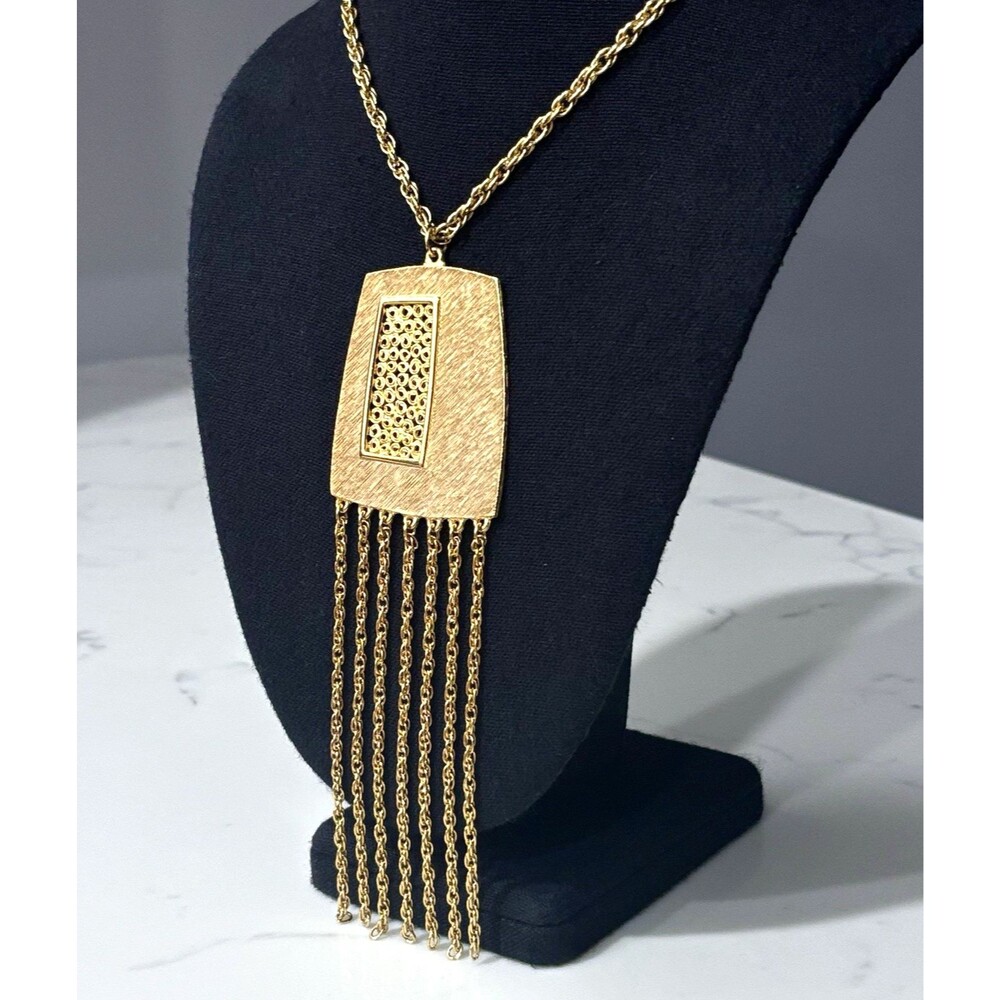 Vintage Estate Necklace Modernist Tassel 1970s Gold Tone Etruscan Revival